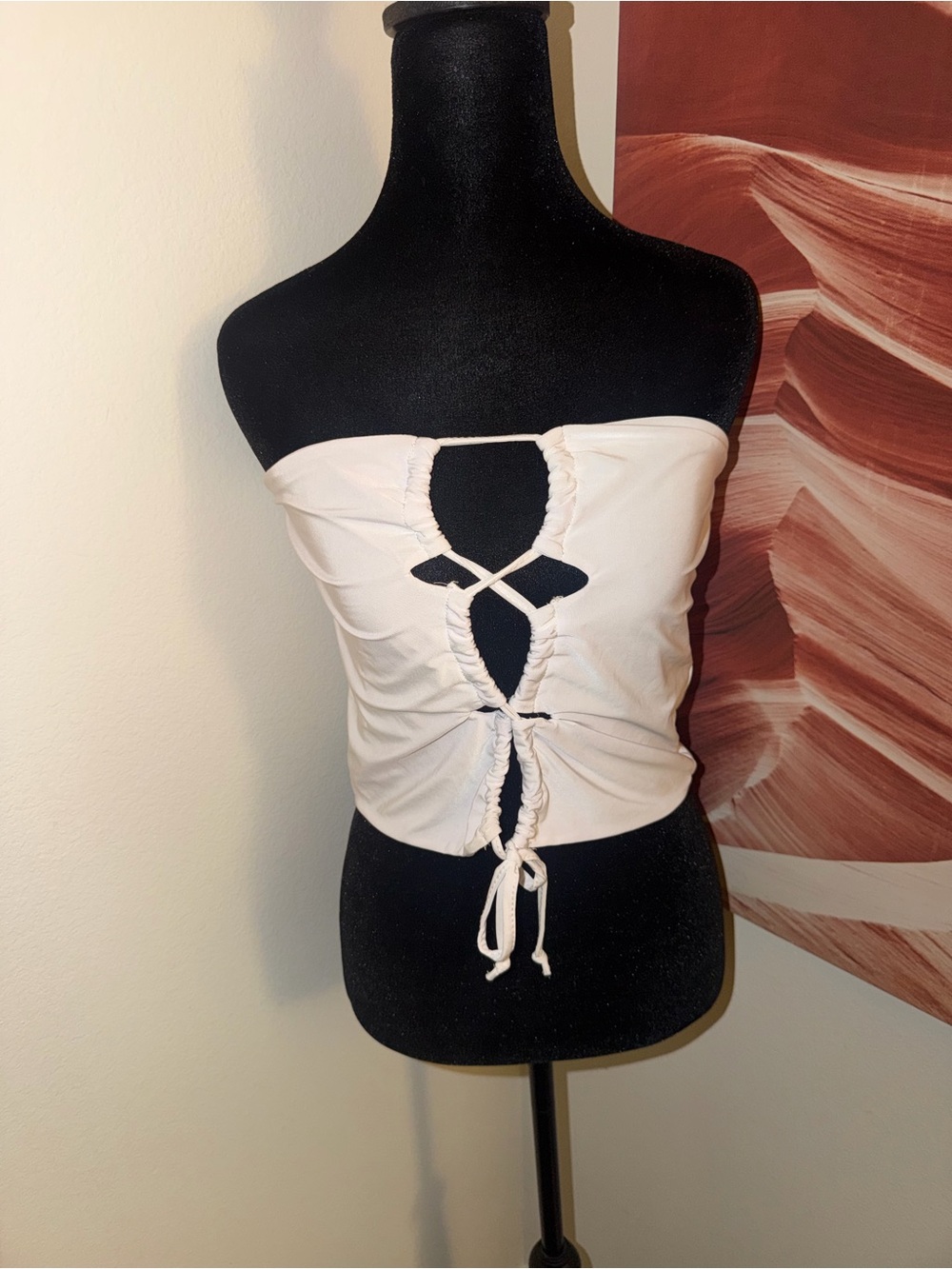 PrettyLittleThing Cream Strapless Ruched Cutout Tie Front Tube Top